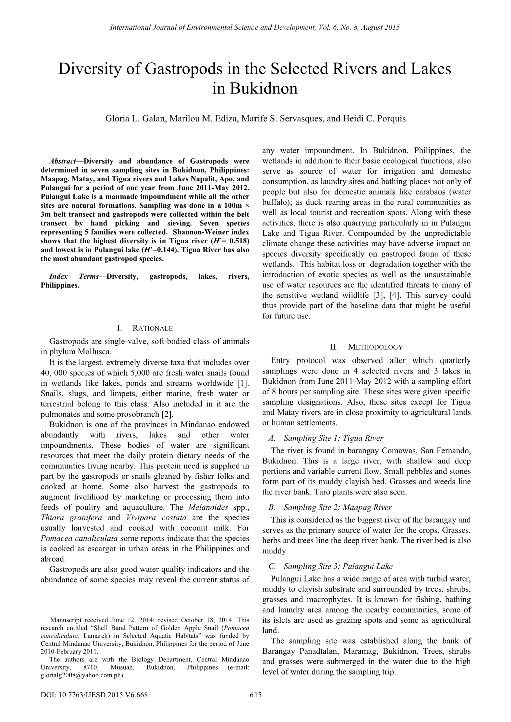 Diversity of Gastropods in the Selected Rivers and Lakes in Bukidnon