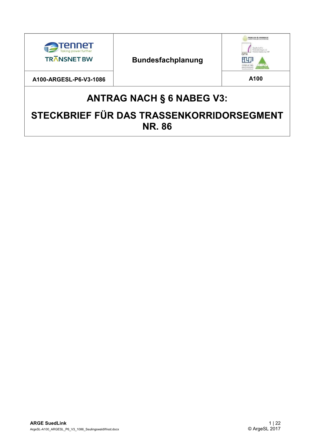 Antrag Nach § 6 Nabeg V3: Steckbrief Für Das Trassenkorridorsegment Nr. 86