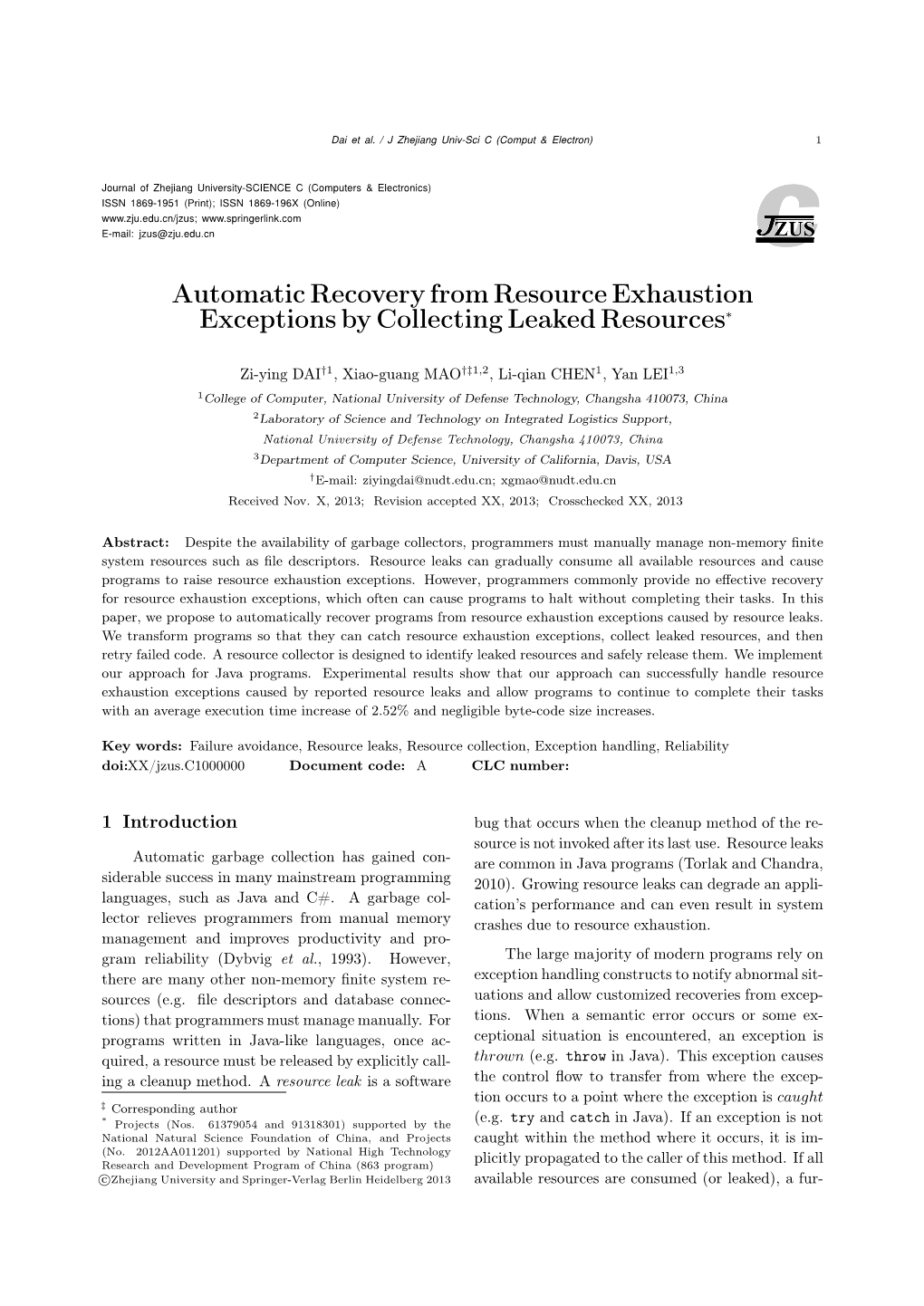 Automatic Recovery from Resource Exhaustion Exceptions by Collecting Leaked Resources∗