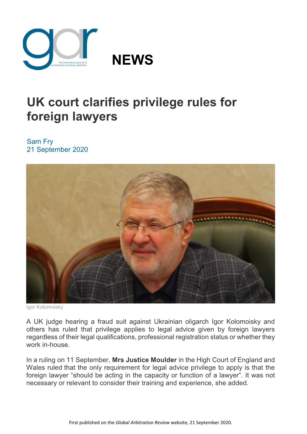 GAR – UK Court Clarifies Privilege Rules for Foreign Lawyers