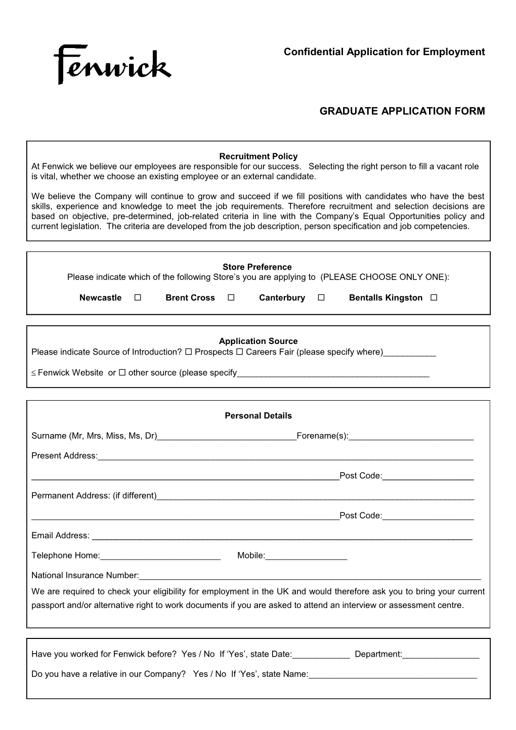 Confidential Application for Employment