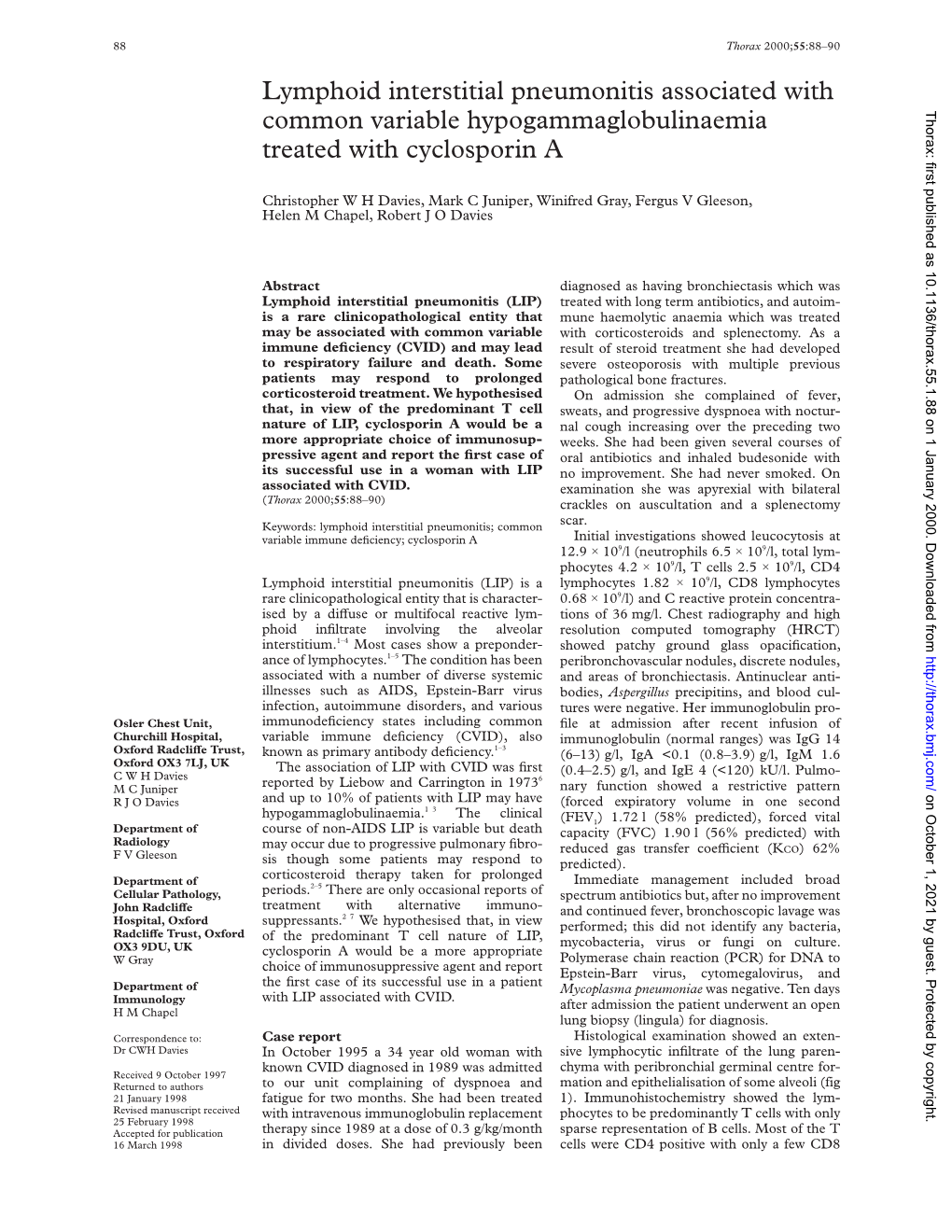 Lymphoid Interstitial Pneumonitis Associated with Common Variable Hypogammaglobulinaemia Thorax: First Published As 10.1136/Thorax.55.1.88 on 1 January 2000