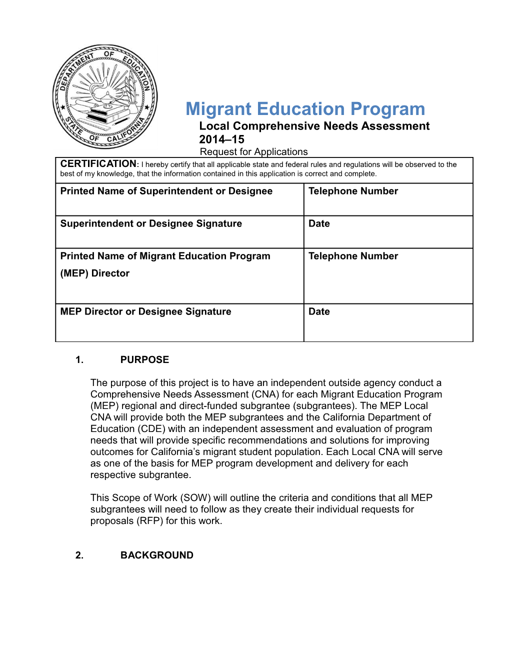 RFA-14: Needs Assessment (CA Dept of Education)