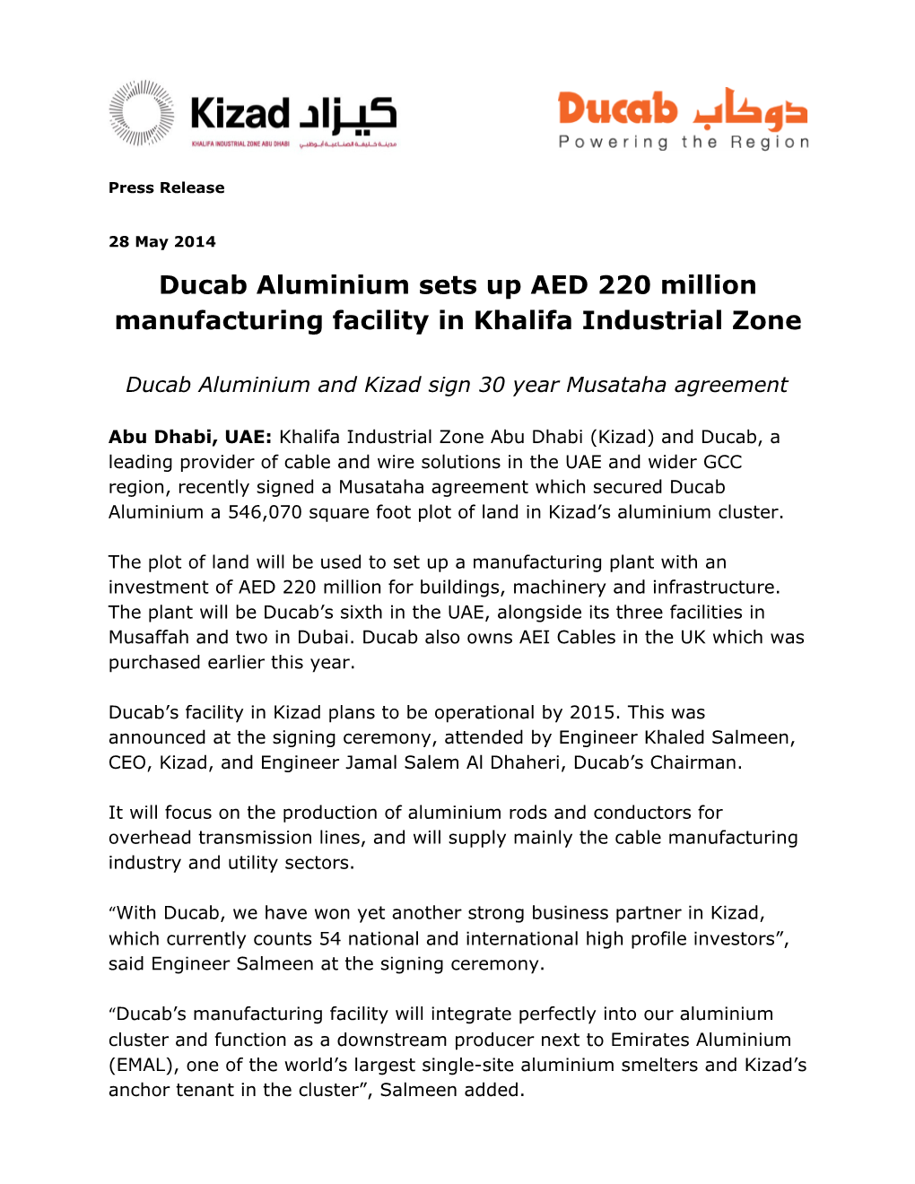 Ducab Aluminium Sets up AED 220 Million Manufacturing Facility in Khalifa Industrial Zone