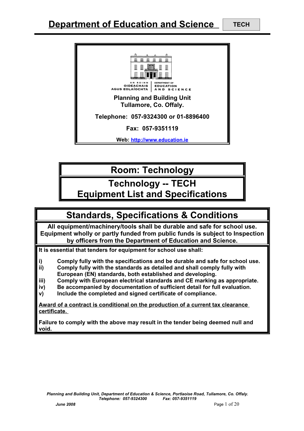 Technology TECH Equipment List and Specifications