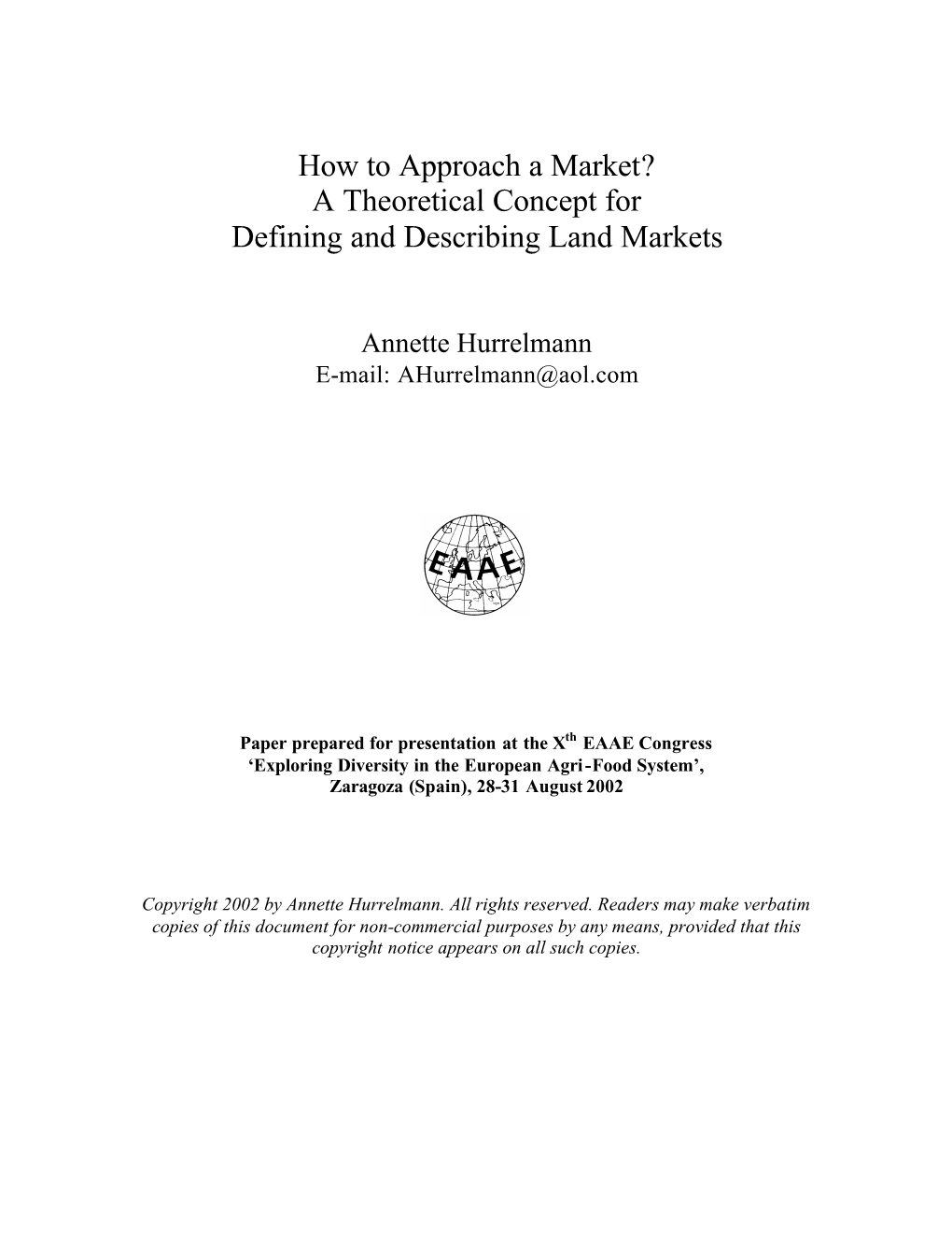 A Theoretical Concept for Defining and Describing Land Markets