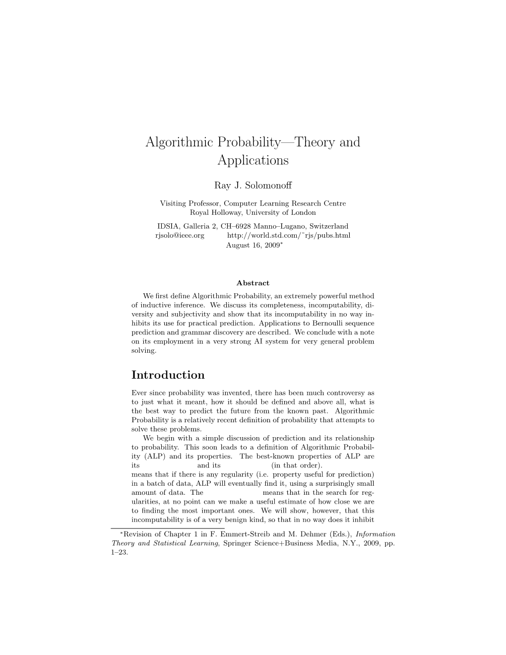 Algorithmic Probability—Theory and Applications