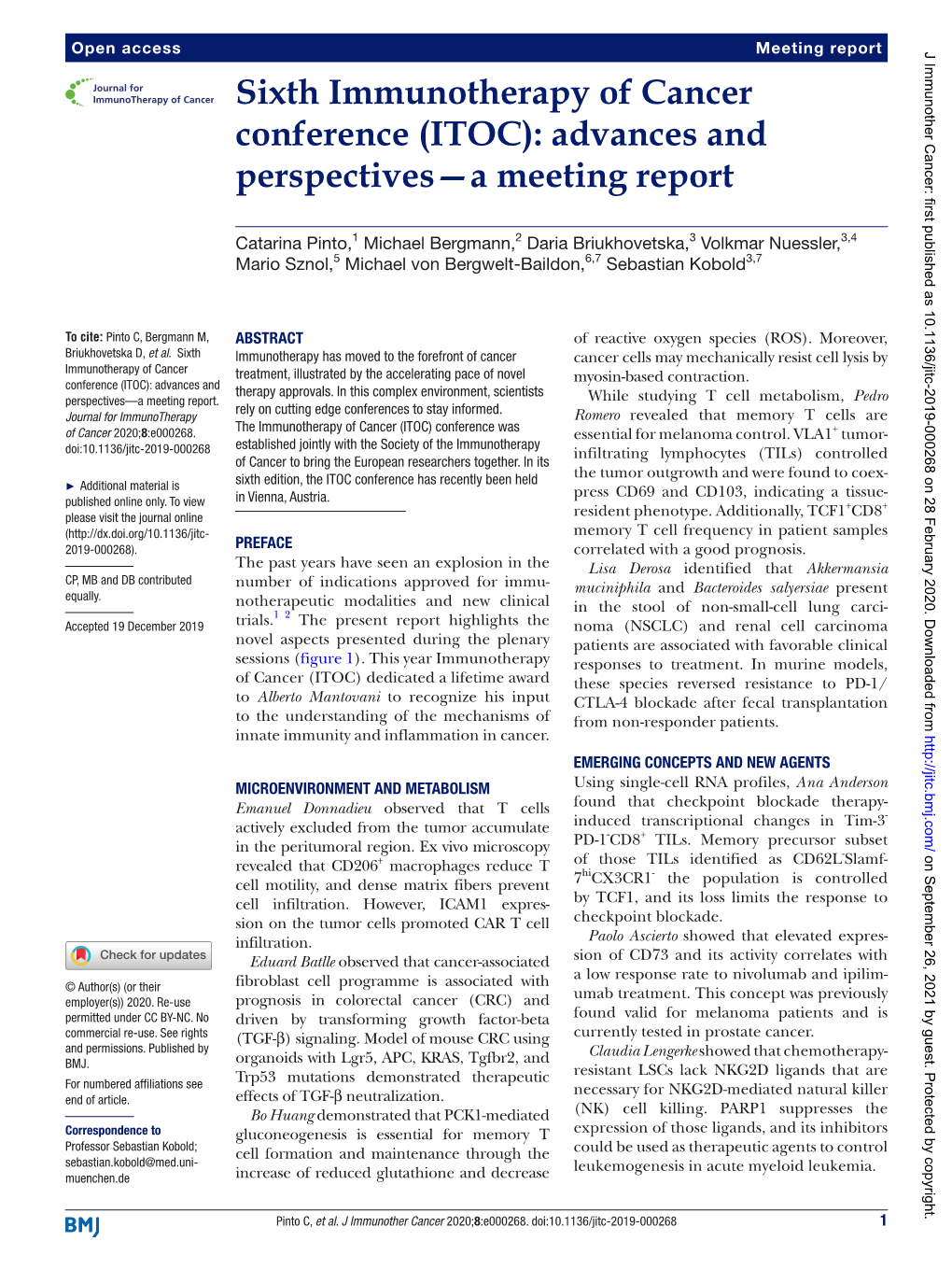 Sixth Immunotherapy of Cancer Conference (ITOC): Advances and Perspectives—A Meeting Report