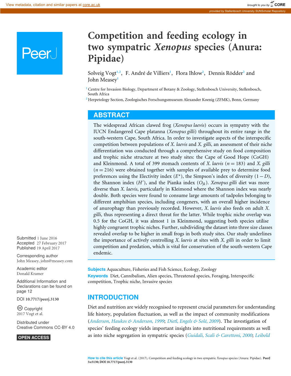 Competition and Feeding Ecology in Two Sympatric Xenopus Species (Anura: Pipidae)