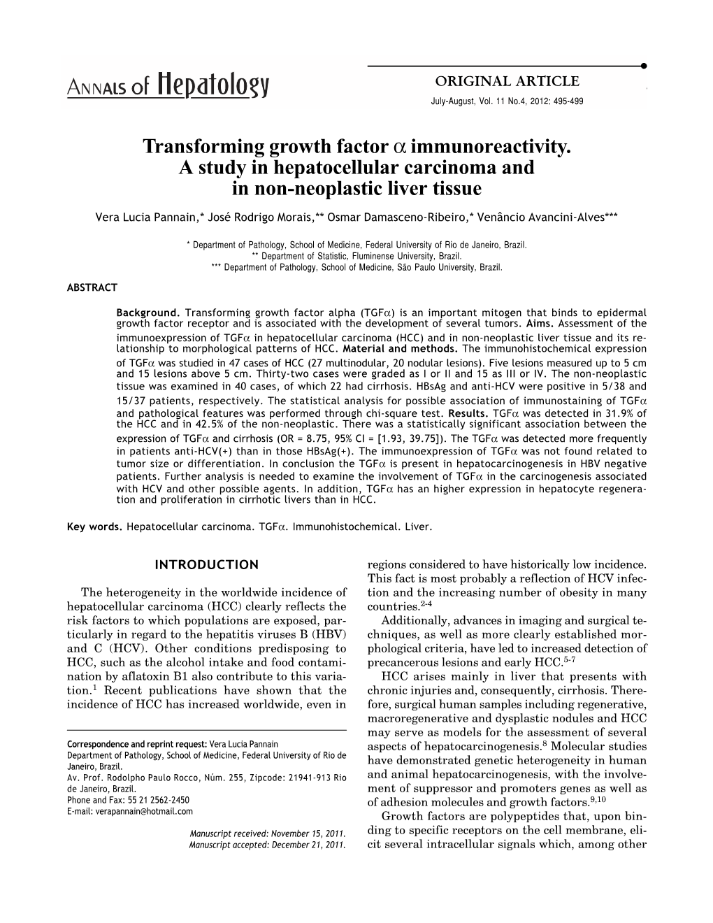 Transforming Growth Factor Α Immunoreactivity. a Study in Hepatocellular Carcinoma and in Non-Neoplastic Liver Tissue