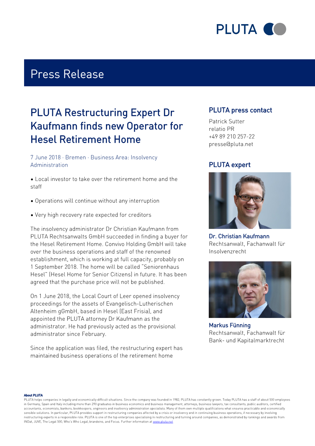 PLUTA Restructuring Expert Dr Kaufmann Finds New Operator for Hesel Retirement Home
