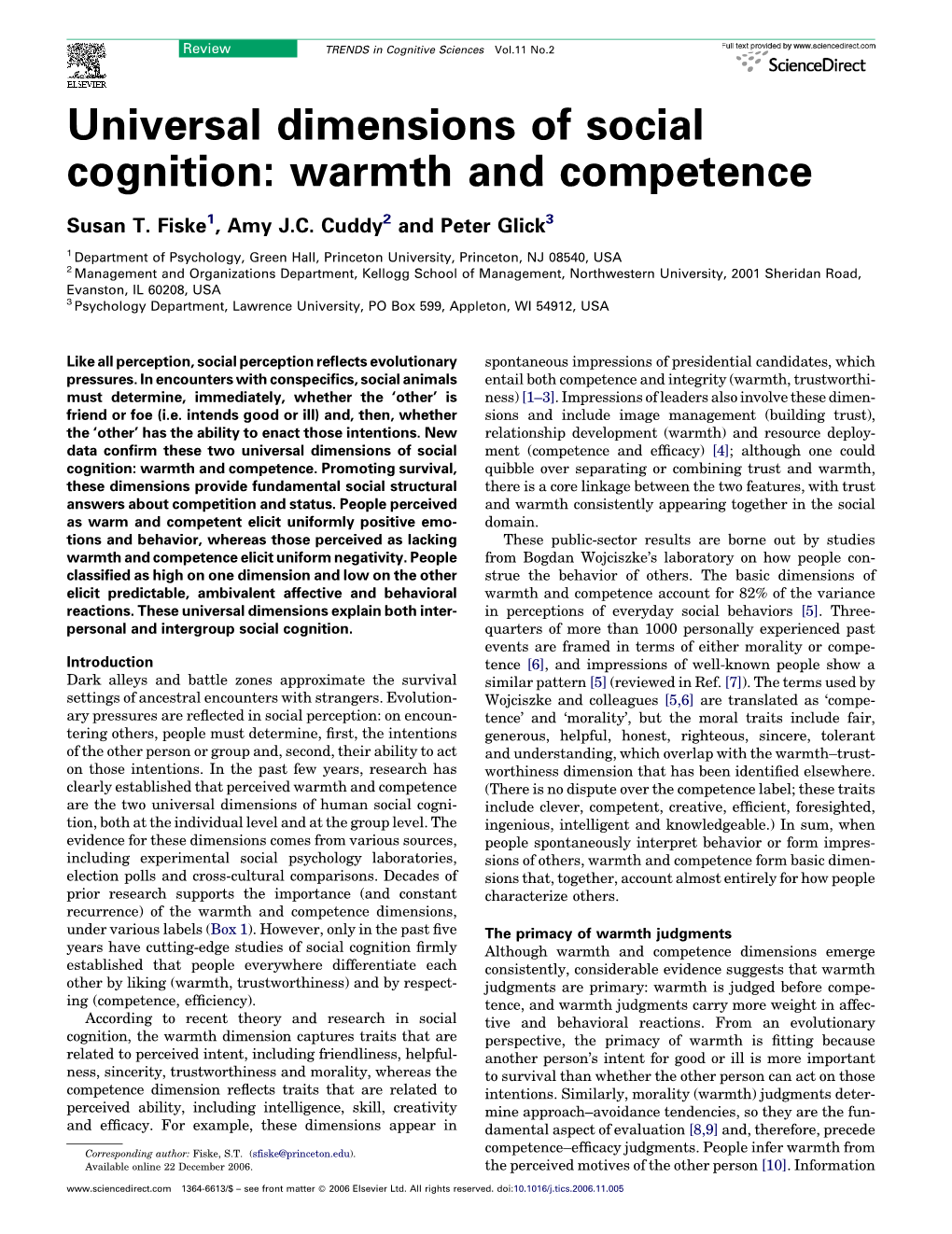 Universal Dimensions of Social Cognition: Warmth and Competence