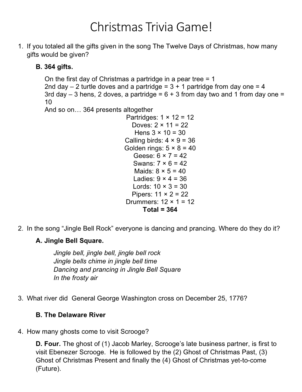 Christmas Trivia Game Answers