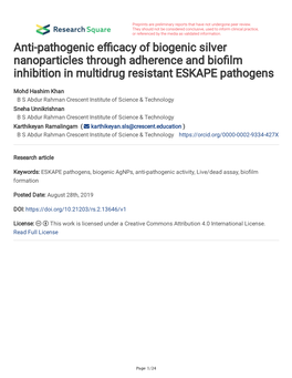 Anti-Pathogenic Efficacy of Biogenic Silver Nanoparticles Through