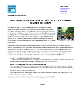 Bma Announces 2016 Jazz in the Sculpture Garden Summer Concerts