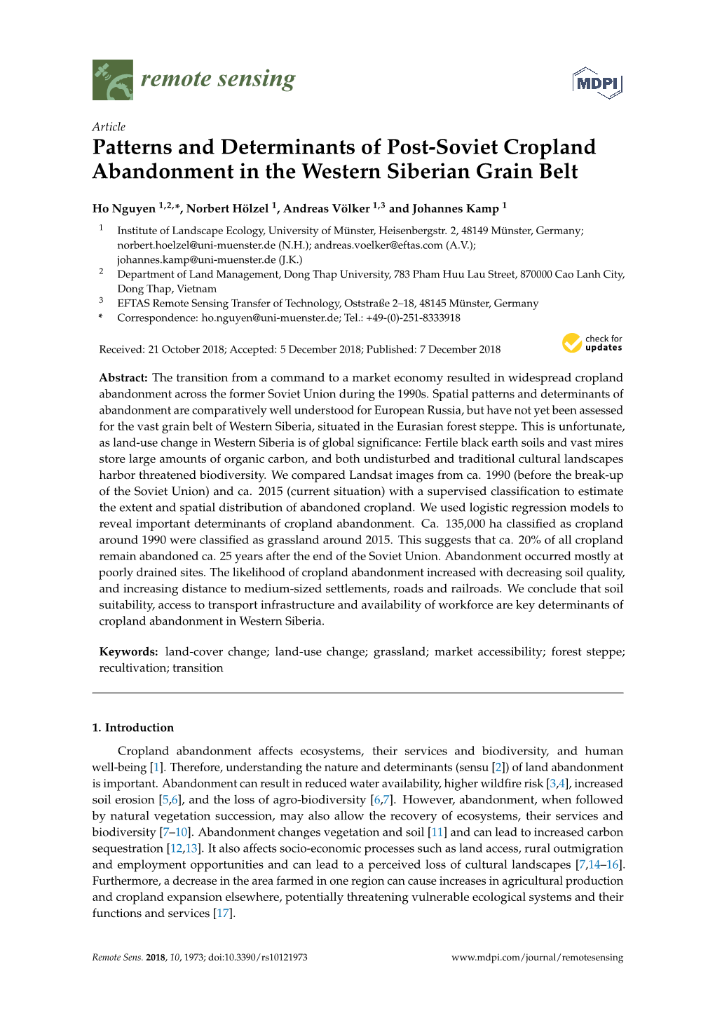 Patterns and Determinants of Post-Soviet Cropland Abandonment in the Western Siberian Grain Belt