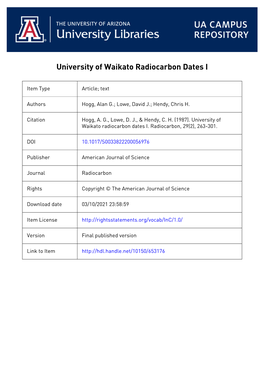 UNIVERSITY of WAIKATO RADIOCARBON DATES I the Radiocarbon Dating Laboratory at Waikato Was Established in 1975, Samples Submitte