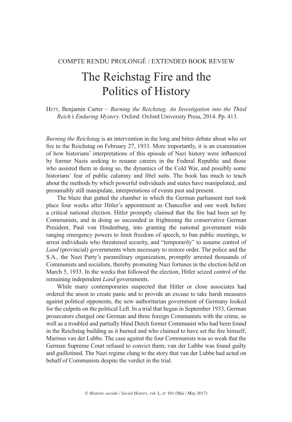 The Reichstag Fire and the Politics of History