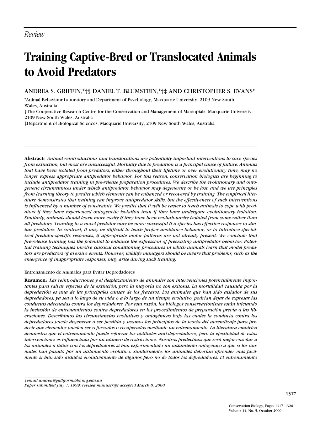 Training Captive-Bred Or Translocated Animals to Avoid Predators