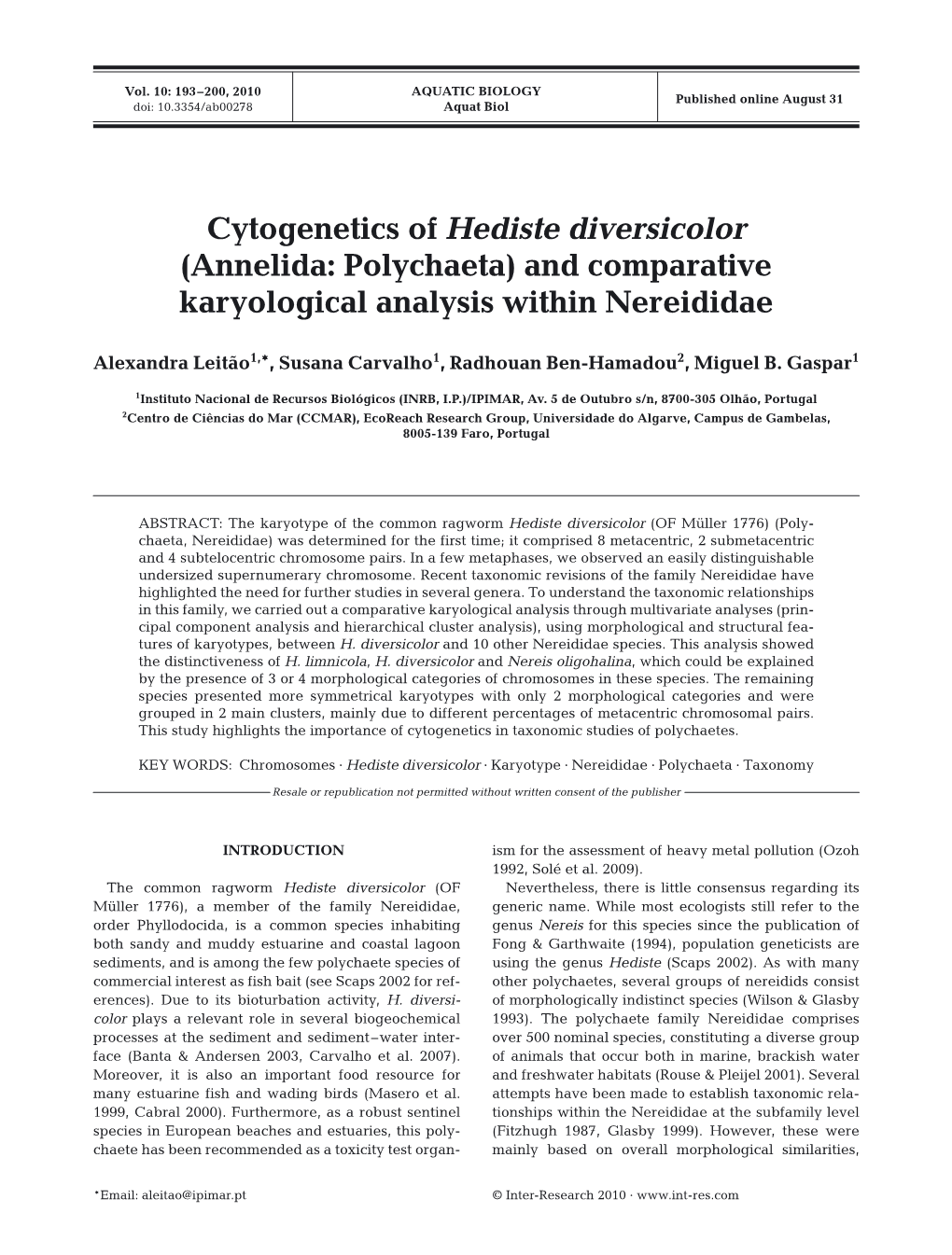 Cytogenetics of Hediste Diversicolor (Annelida: Polychaeta) and Comparative Karyological Analysis Within Nereididae