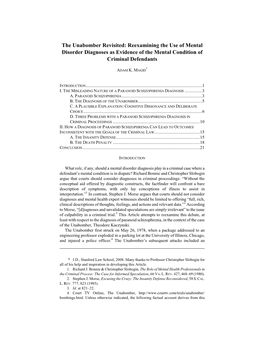 The Unabomber Revisited: Reexamining the Use of Mental Disorder Diagnoses As Evidence of the Mental Condition of Criminal Defendants