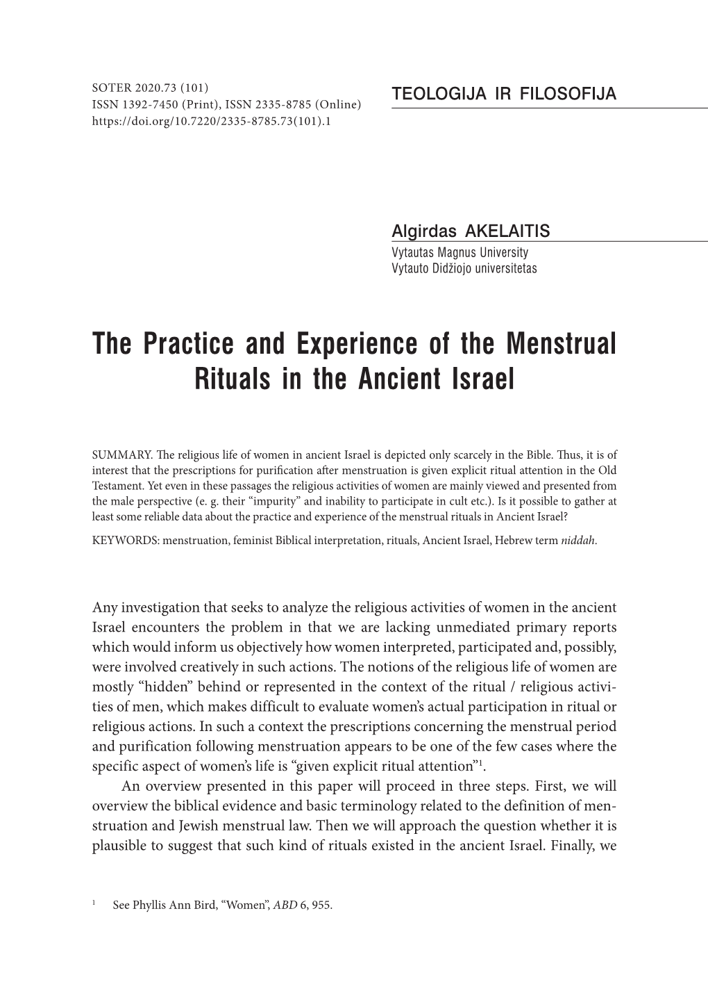 The Practice and Experience of the Menstrual Rituals in the Ancient Israel