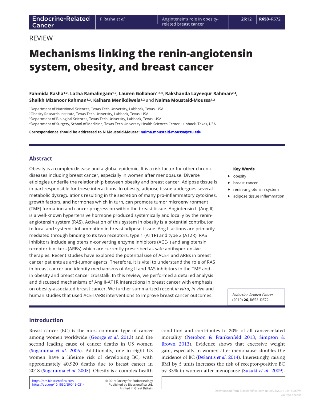 Mechanisms Linking the Renin-Angiotensin System, Obesity, and Breast Cancer