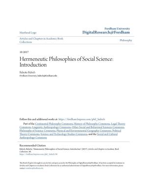 Hermeneutic Philosophies of Social Science: Introduction Babette Babich Fordham University, Babich@Fordham.Edu