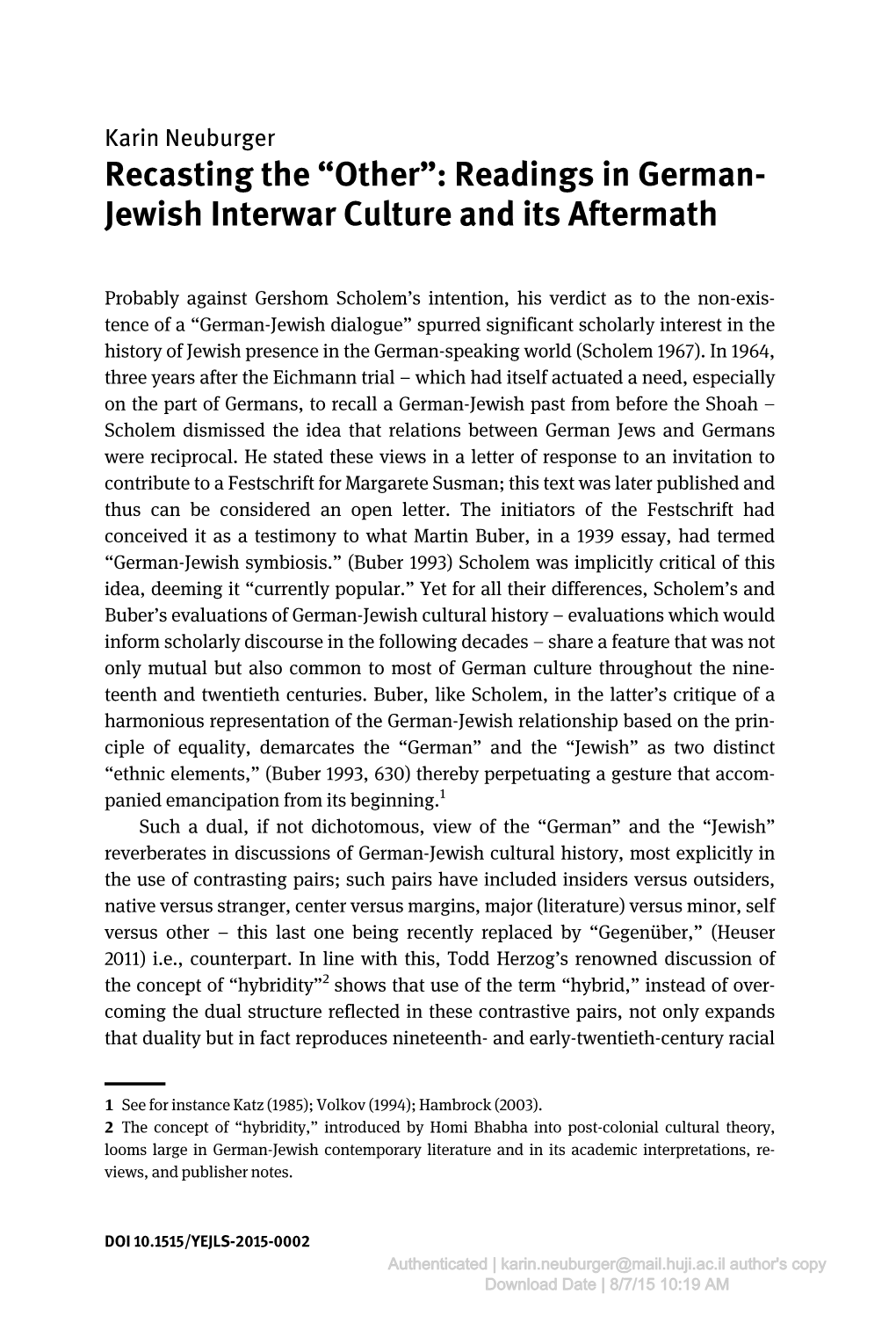 Recasting the “Other”: Readings in German- Jewish Interwar Culture and Its Aftermath