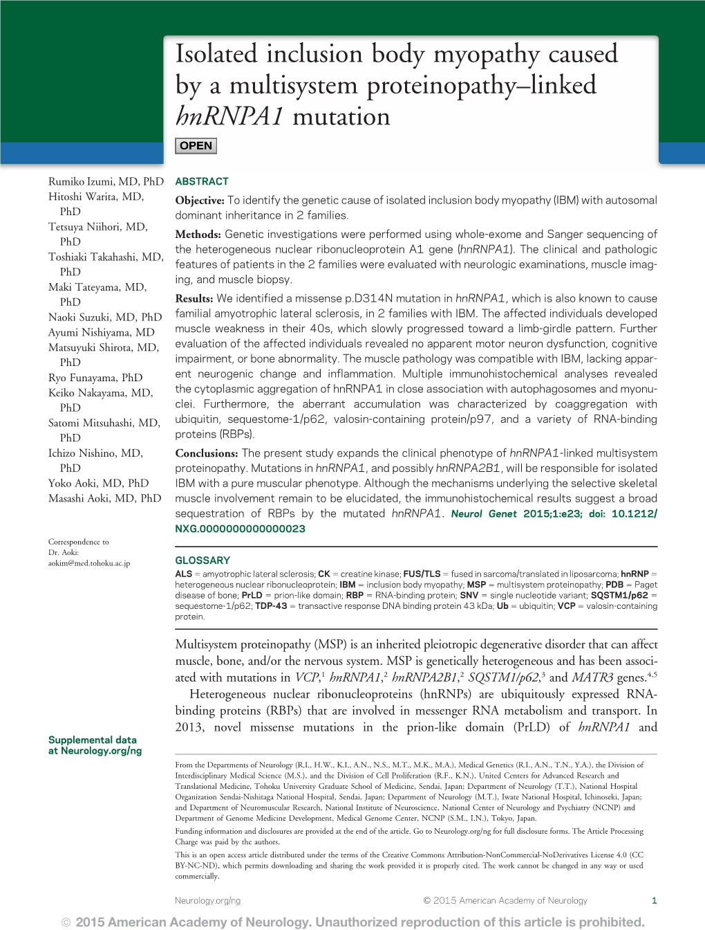 Isolated Inclusion Body Myopathy Caused by a Multisystem Proteinopathy–Linked Hnrnpa1 Mutation