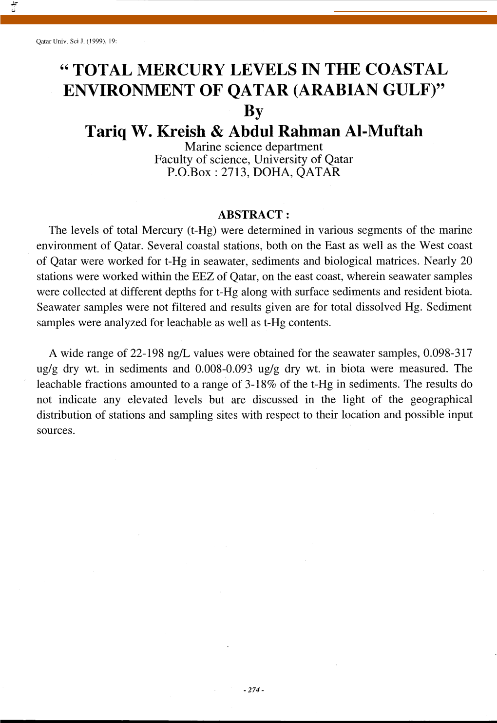 TOTAL MERCURY LEVELS in the COASTAL ENVIRONMENT of QATAR (ARABIAN GULF)" by Tariq W