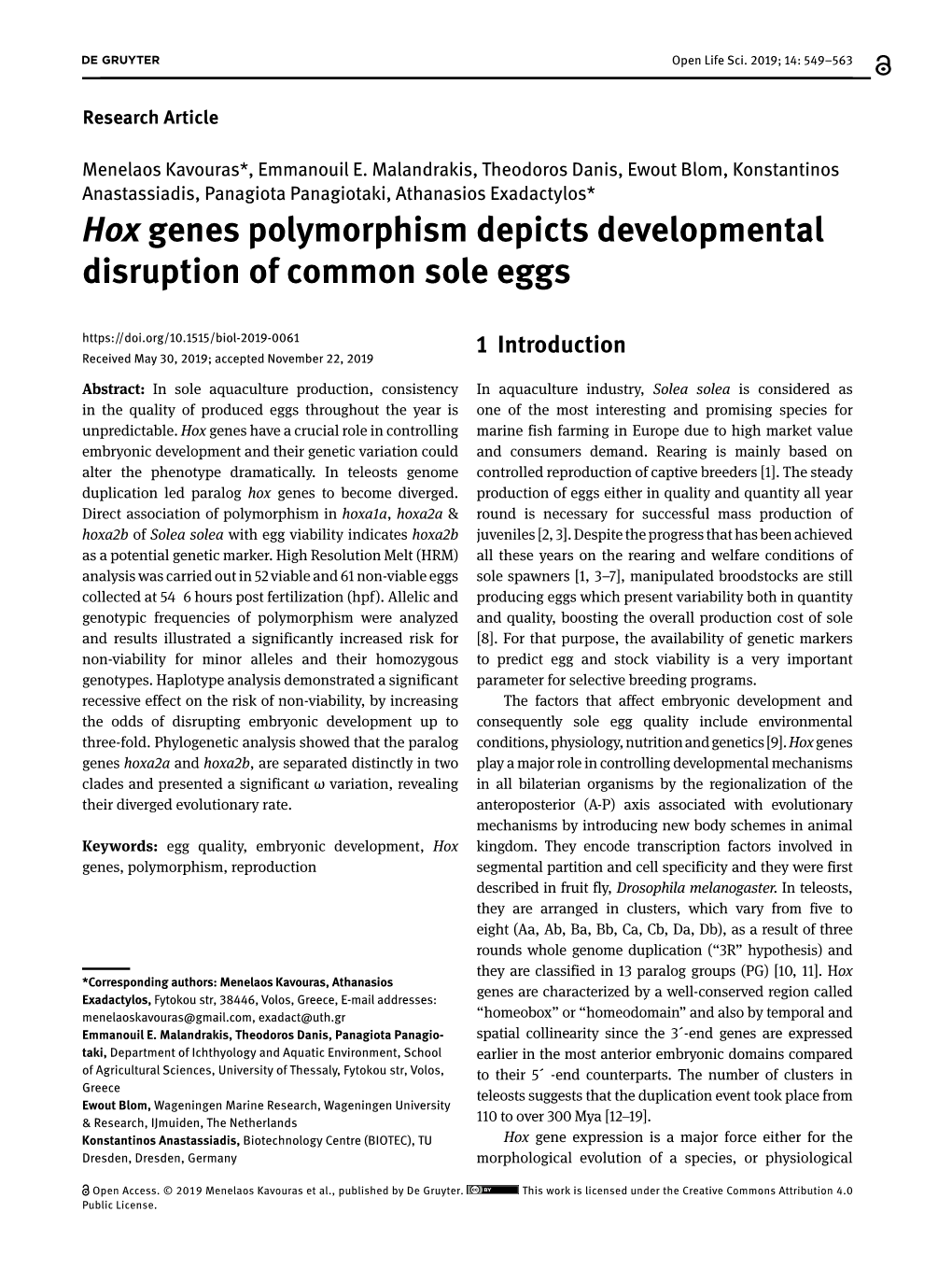 Hox Genes Polymorphism Depicts Developmental Disruption of Common Sole Eggs