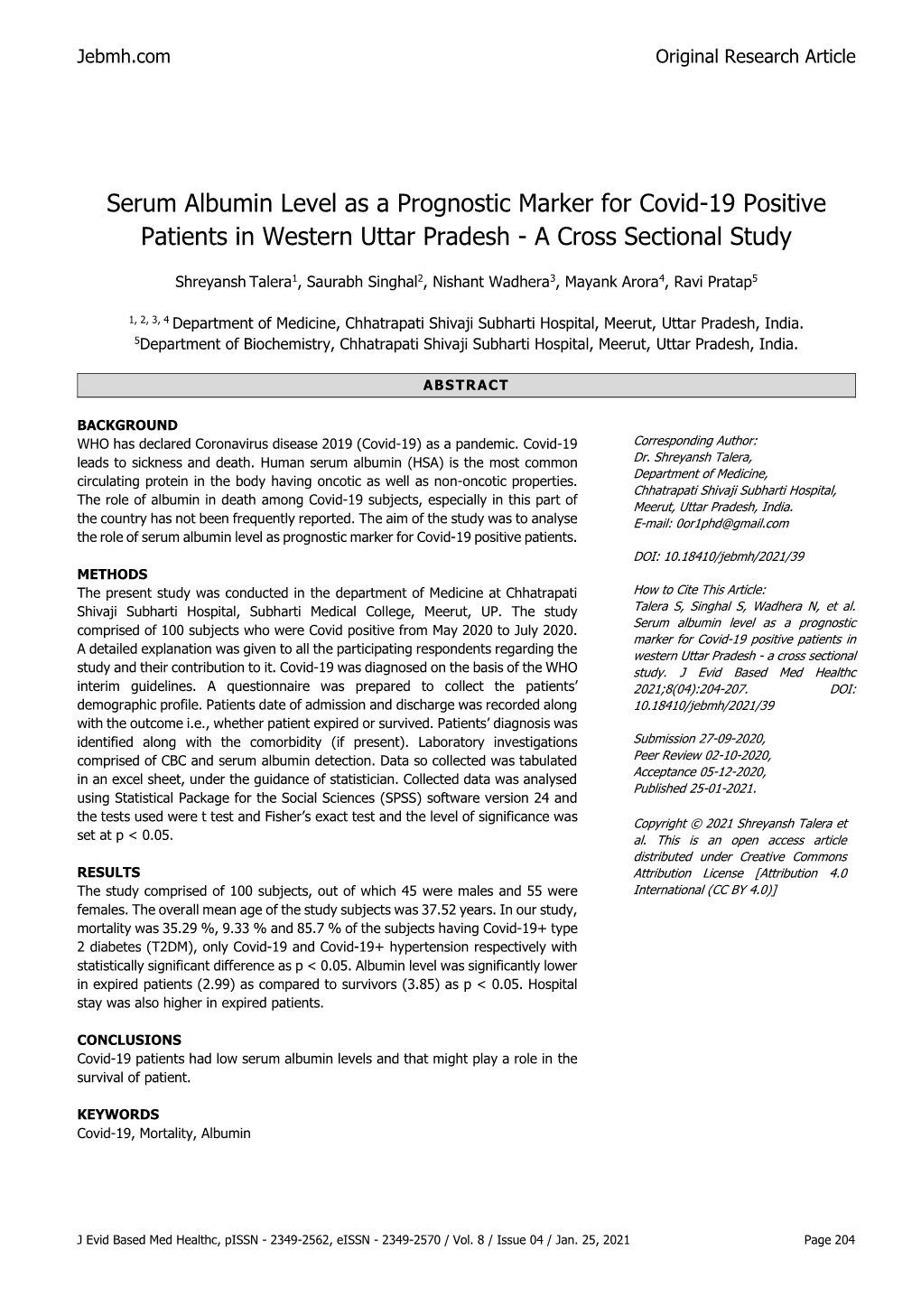 Serum Albumin Level As a Prognostic Marker for Covid-19 Positive Patients in Western Uttar Pradesh - a Cross Sectional Study