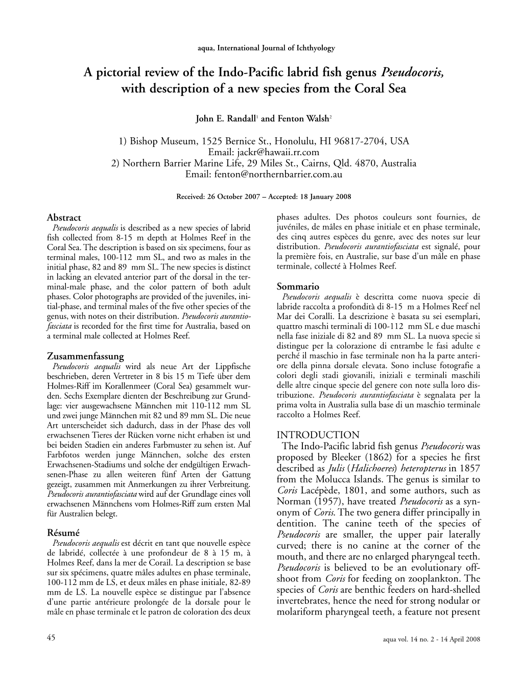 A Pictorial Review of the Indo-Pacific Labrid Fish Genus Pseudocoris, with Description of a New Species from the Coral Sea