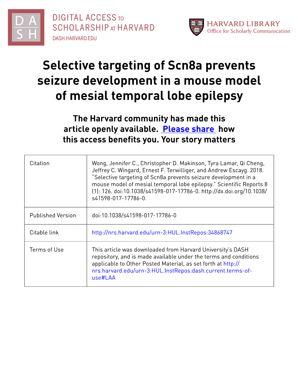 Selective Targeting of Scn8a Prevents Seizure Development in a Mouse Model of Mesial Temporal Lobe Epilepsy