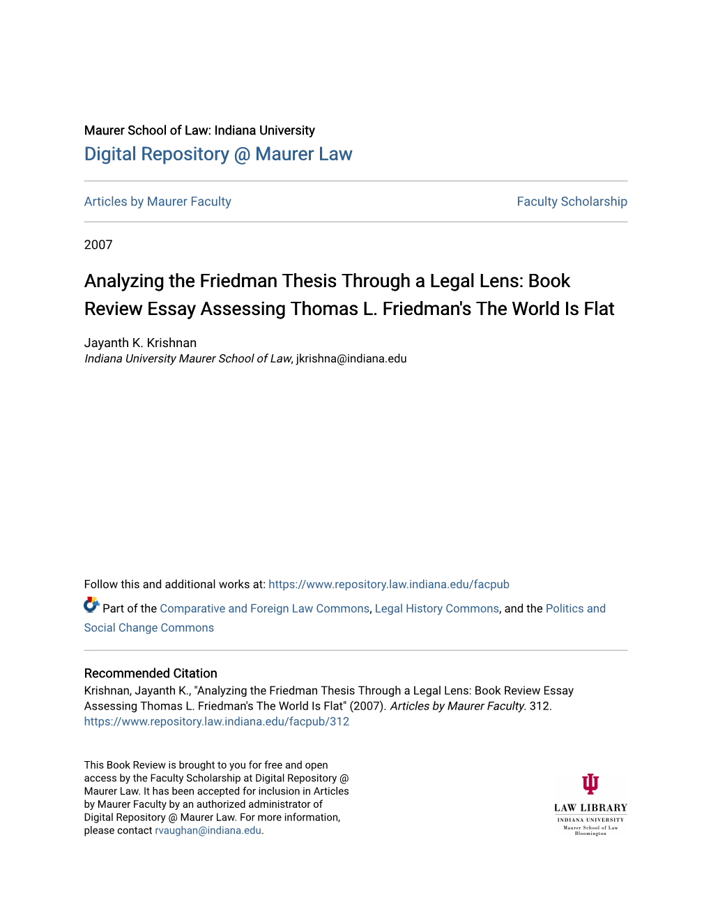 Analyzing the Friedman Thesis Through a Legal Lens: Book Review Essay Assessing Thomas L