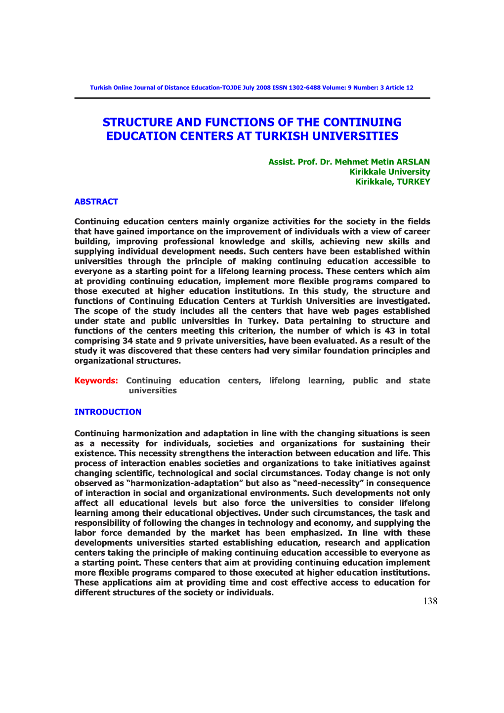 Structure and Functions of the Continuing Education Centers at Turkish Universities