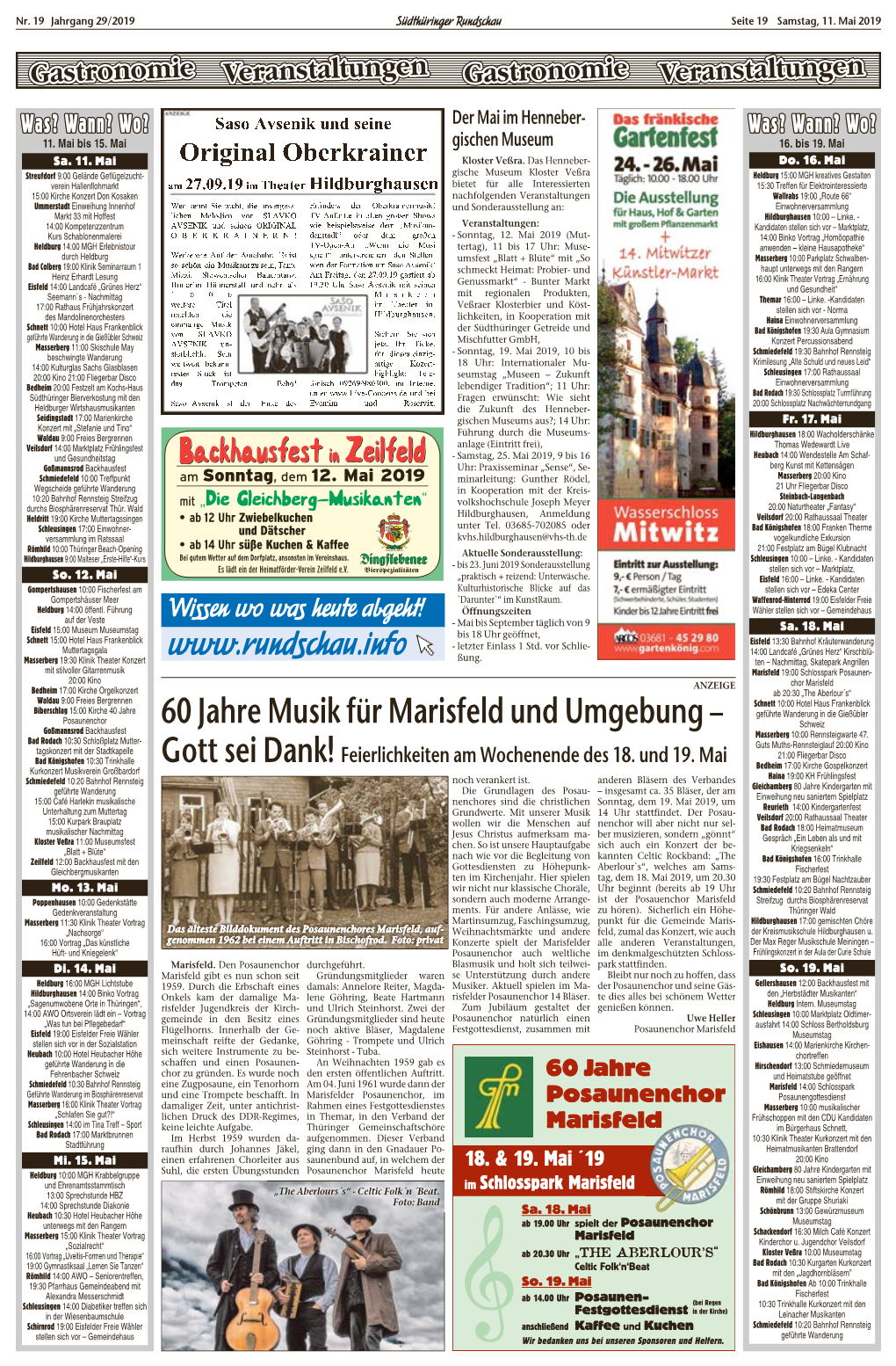 60 Jahre Musik Für Marisfeld Und Umgebung – Schweiz Goßmannsrod Backhausfest Masserberg 10:00 Rennsteigwarte 47