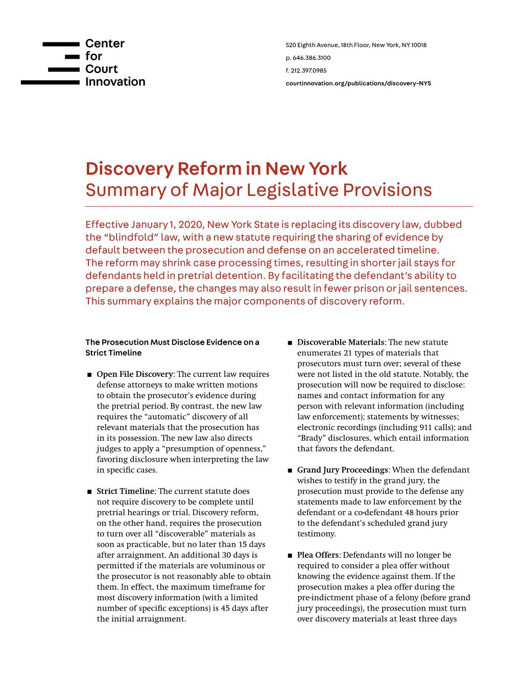 Discovery Reform in New York Summary of Major Legislative Provisions