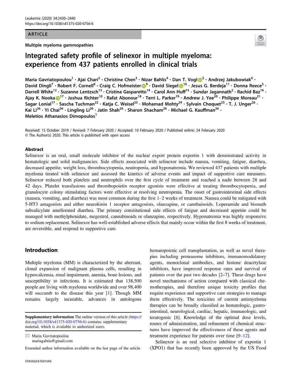 Integrated Safety Profile of Selinexor in Multiple Myeloma