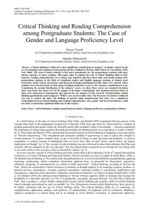 Critical Thinking and Reading Comprehension Among Postgraduate Students: the Case of Gender and Language Proficiency Level