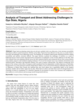 Analysis of Transport and Street Addressing Challenges in Oyo State, Nigeria