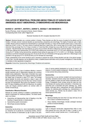 Evaluation of Menstrual Problems Among Females of Karachi and Awareness About Amenorrhea, Dysmenorrhea and Menorrhagia