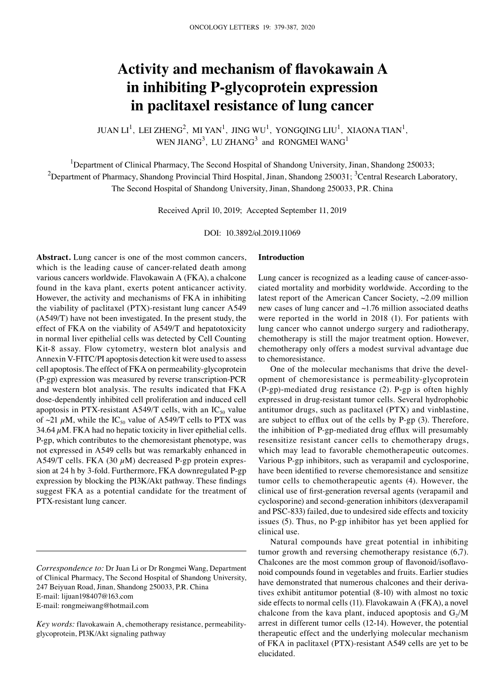 Activity and Mechanism of Flavokawain a in Inhibiting P‑Glycoprotein Expression in Paclitaxel Resistance of Lung Cancer