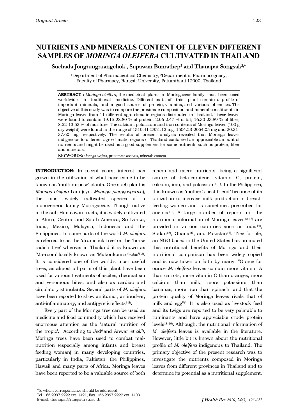 Nutrients and Minerals Content of Eleven Different Samples of Moringa