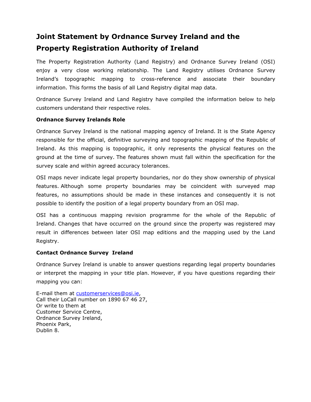 Joint Statement by Ordnance Survey Ireland and the Property Registration Authority of Ireland