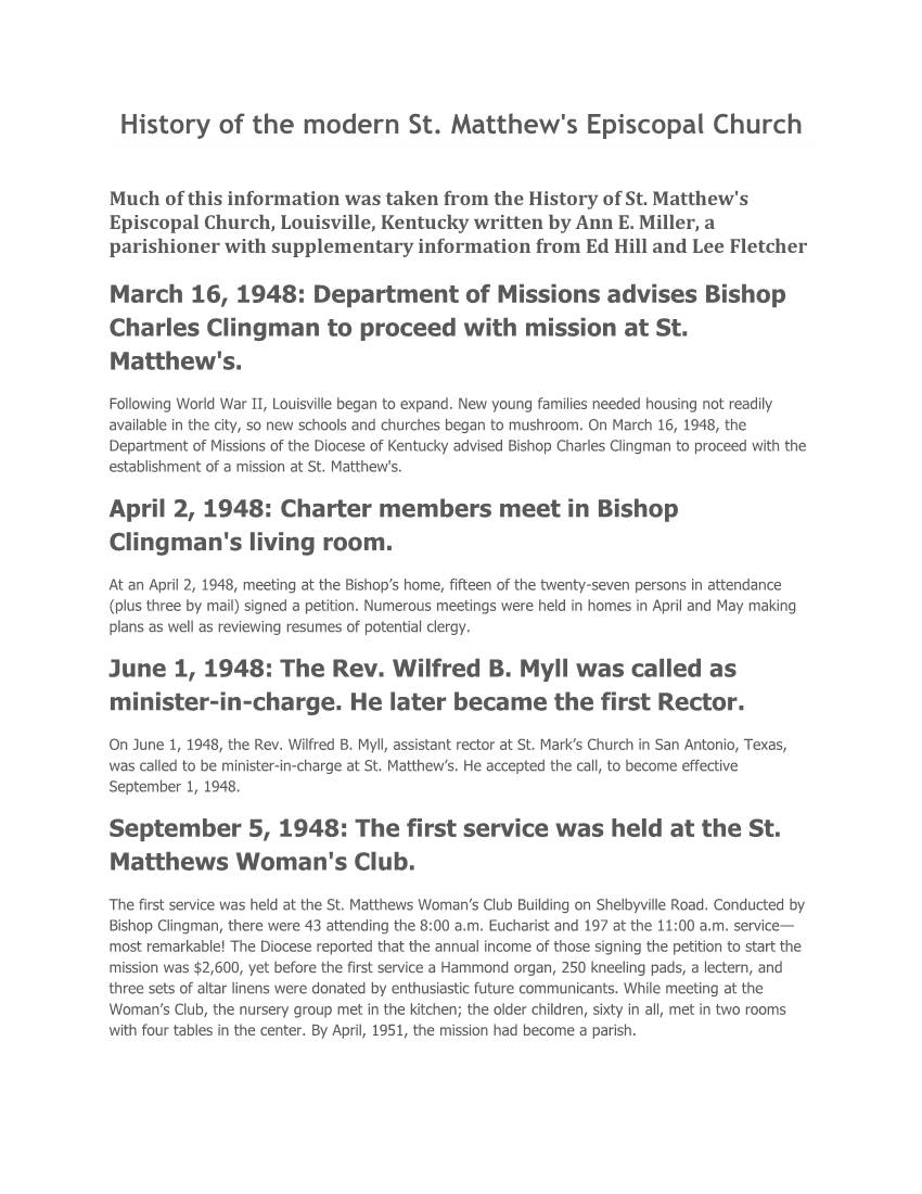 Brief History of the Current St. Matthew's Episcopal Church In