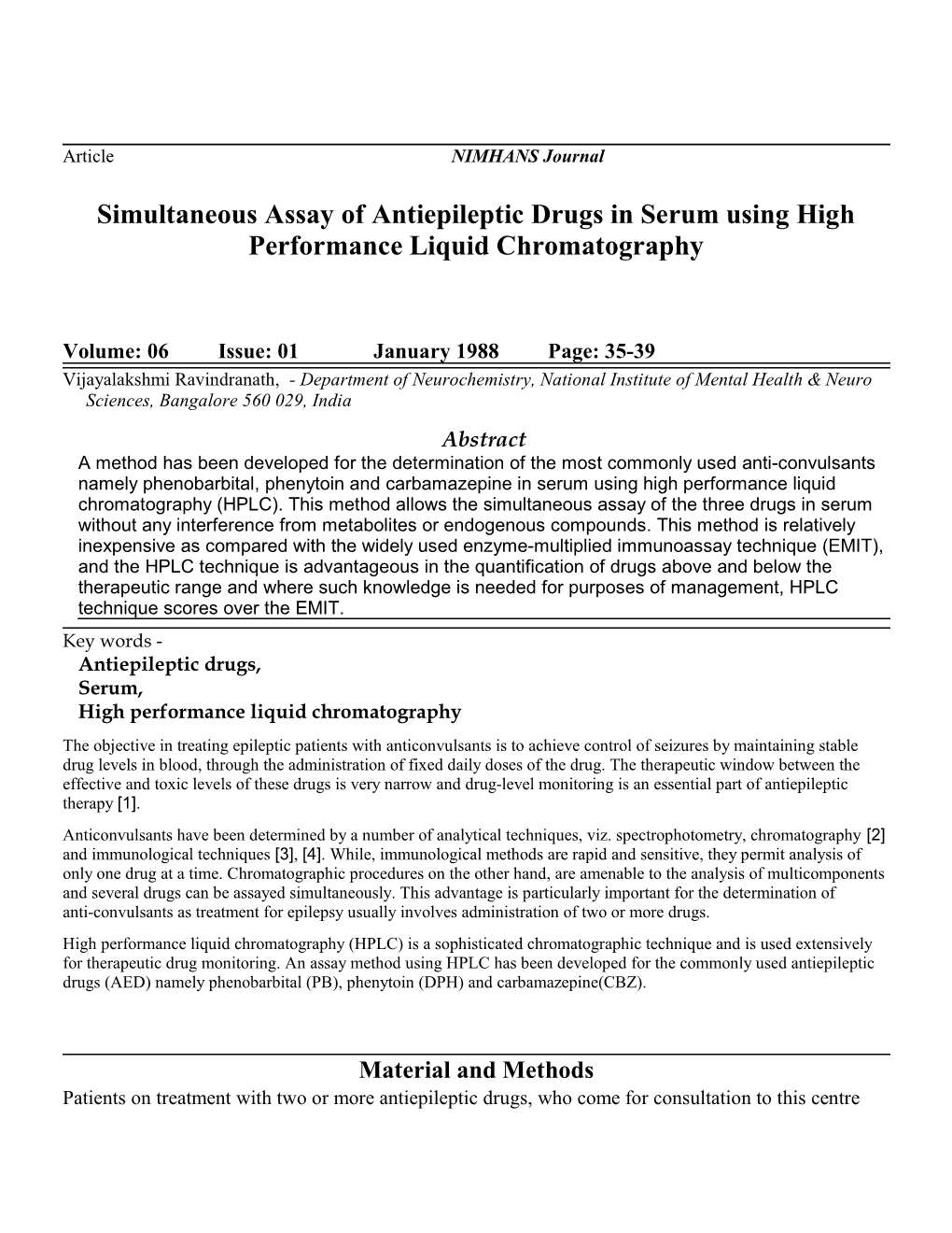 Simultaneous Assay of Antiepileptic Drugs in Serum Using High Performance Liquid Chromatography