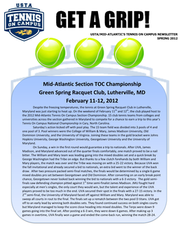 Mid-Atlantic Section TOC Championship Green Spring Racquet Club, Lutherville, MD February 11-12, 2012