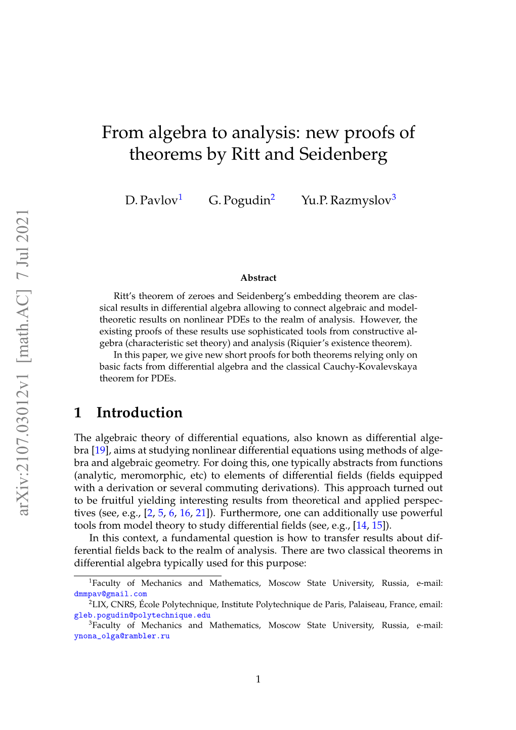 From Algebra to Analysis: New Proofs of Theorems by Ritt and Seidenberg